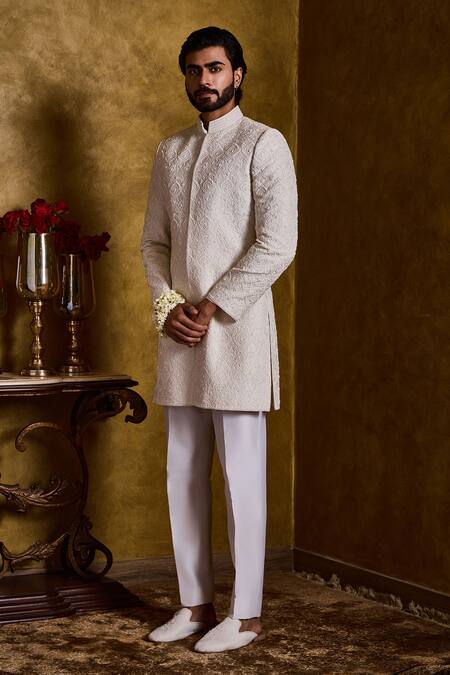 Buy_Histori_Ivory Silk, Cotton Embroidery, Beads Floral Jaal Sherwani Kurta Set _Online_at_Aza_Fashions