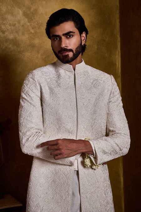 Shop_Histori_Ivory Silk, Cotton Embroidery, Beads Floral Jaal Sherwani Kurta Set _Online_at_Aza_Fashions