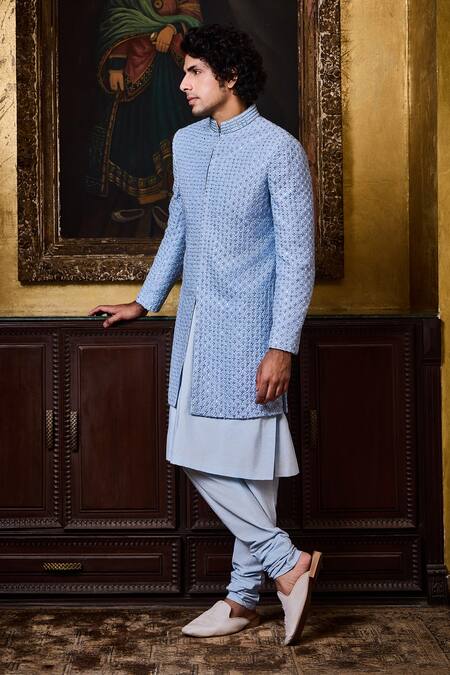 Histori_Sky Blue Silk, Cotton Embroidery, Beads Sherwani And Kurta Set _Online_at_Aza_Fashions