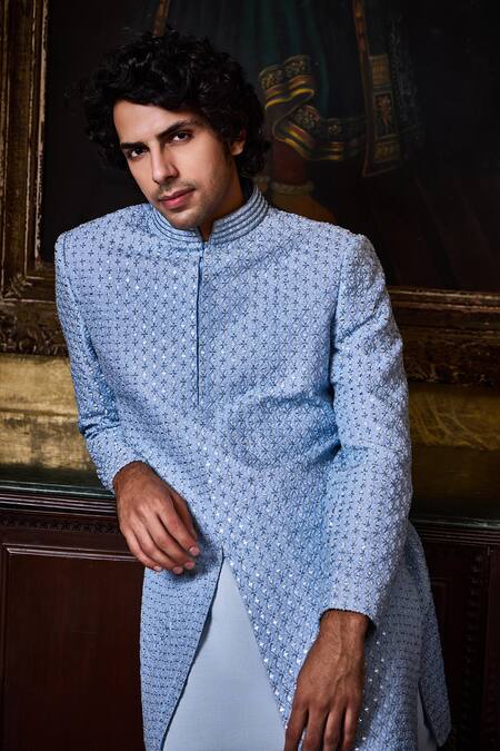 Buy_Histori_Sky Blue Silk, Cotton Embroidery, Beads Sherwani And Kurta Set _Online_at_Aza_Fashions