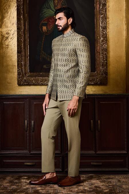 Histori_Olive Green Silk, Cotton, Lycra Geometric Resham And Bandhgala With Pant _Online_at_Aza_Fashions