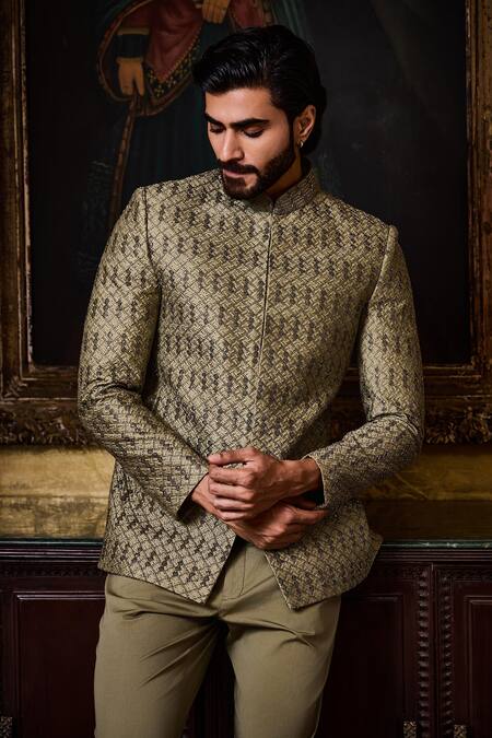 Buy_Histori_Olive Green Silk, Cotton, Lycra Geometric Resham And Bandhgala With Pant _Online_at_Aza_Fashions