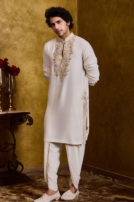 Shop Histori Ivory Cotton, Silk Embroidery Kasab Kurta And Dhoti Pant Set Online at Aza Fashions Shop_Histori_Ivory Cotton, Silk Embroidery Kasab Kurta And Dhoti Pant Set _Online_at_Aza_Fashions