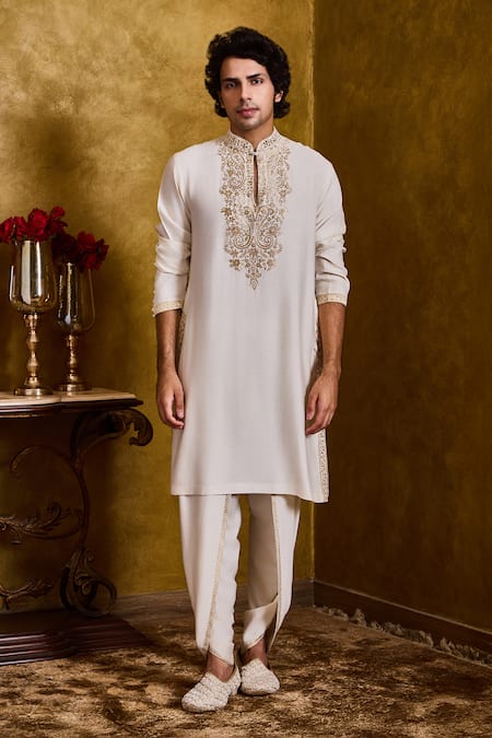 Histori Ivory Cotton, Silk Embroidery Kasab Kurta And Dhoti Pant Set 