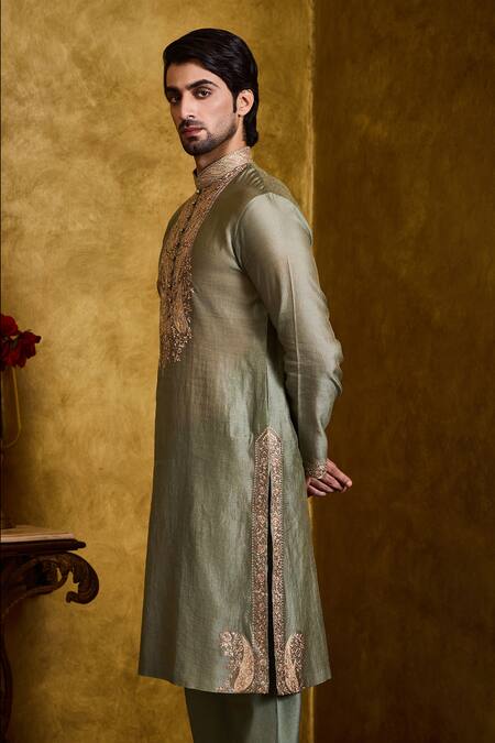 Shop Histori Green Chanderi , Cotton, Embroidery Kasab Dori Kurta Set Online at Aza Fashions Shop_Histori_Green Chanderi , Cotton, Embroidery Kasab Dori Kurta Set _Online_at_Aza_Fashions