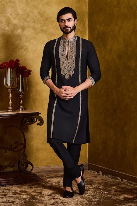 Histori Black Cotton, Silk Embroidery Kasab Kurta And Churidar Set 