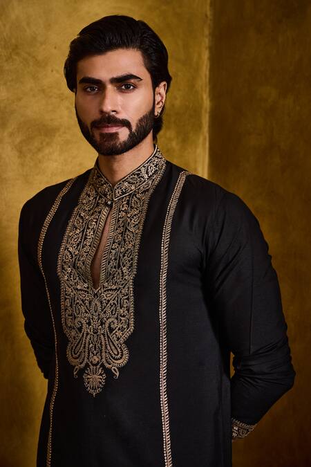 Shop Histori Black Cotton, Silk Embroidery Kasab Kurta And Churidar Set Online at Aza Fashions Shop_Histori_Black Cotton, Silk Embroidery Kasab Kurta And Churidar Set _Online_at_Aza_Fashions