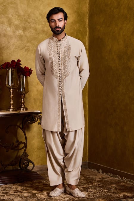 Histori Beige Cotton, Silk Embroidery Kurta And Patiala Salwar Set 