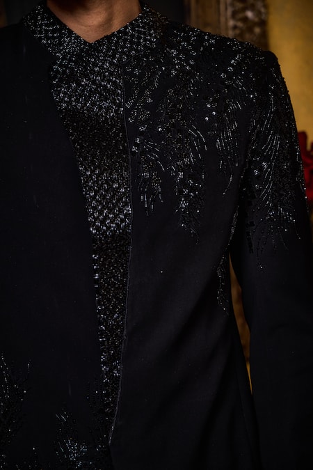 Histori_Black Beads, Crystals, Embroidery Bandhgala With Pant _at_Aza_Fashions