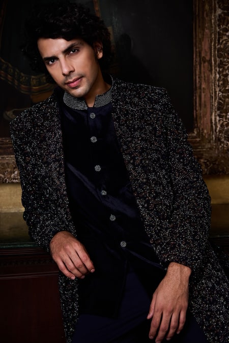 Histori_Blue Velvet, Cotton, Lycra Embroidery, Beads Sherwani Jacket Set _Online_at_Aza_Fashions