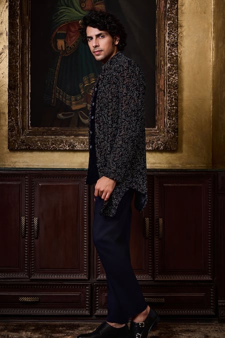 Buy_Histori_Blue Velvet, Cotton, Lycra Embroidery, Beads Sherwani Jacket Set _Online_at_Aza_Fashions