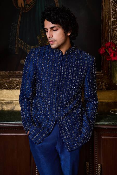 Shop_Histori_Blue Silk, Cotton, Lycra Beads, Crystals, Linear Bandhgala And Pant Set _Online_at_Aza_Fashions