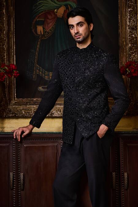 Buy_Histori_Black Silk, Cotton, Lycra Beads, Crystals, Tonal Floral Bandhgala And Pant Set _Online_at_Aza_Fashions