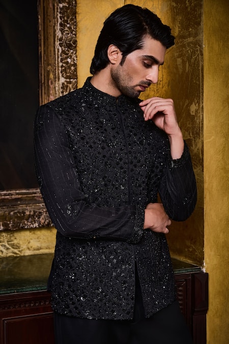 Shop_Histori_Black Silk, Cotton, Lycra Beads, Crystals, Tonal Floral Bandhgala And Pant Set _Online_at_Aza_Fashions