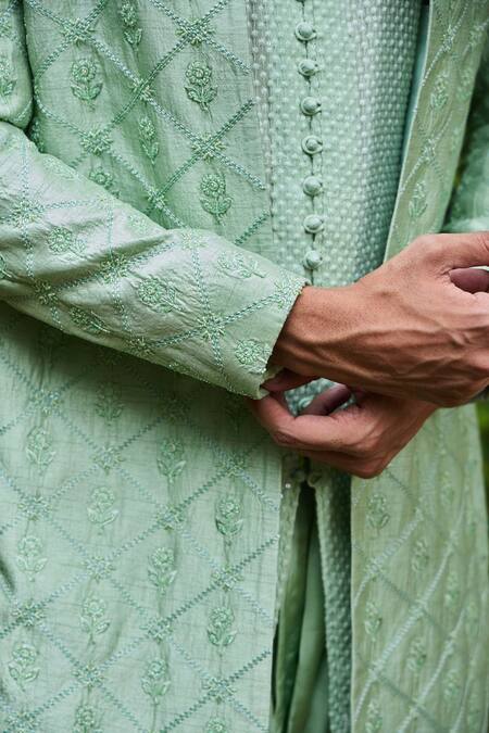 Shop Histori Green Georgette, Silk, Viscose Embroidery, Beads Open Sherwani Jacket Set Online at Aza Fashions Shop_Histori_Green Georgette, Silk, Viscose Embroidery, Beads Open Sherwani Jacket Set _Online_at_Aza_Fashions