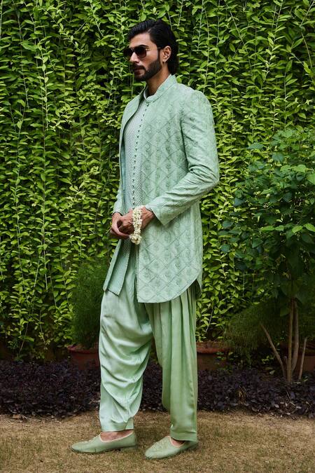 Histori Green Georgette, Silk, Viscose Embroidery, Beads Open Sherwani Jacket Set at Aza Fashions Histori_Green Georgette, Silk, Viscose Embroidery, Beads Open Sherwani Jacket Set _at_Aza_Fashions