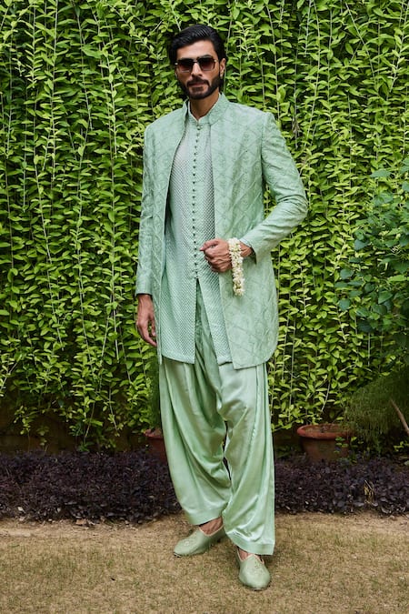 Histori Green Georgette, Silk, Viscose Embroidery, Beads Open Sherwani Jacket Set 