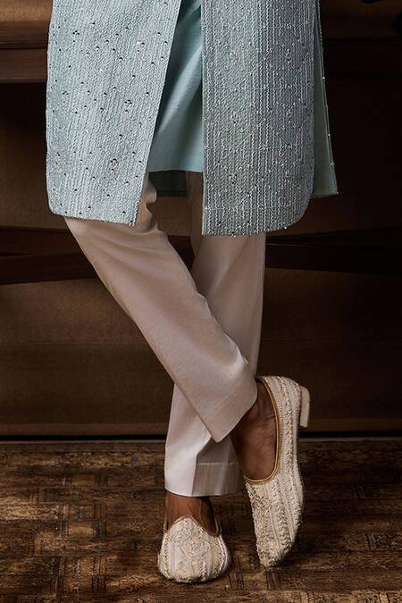 Buy_Histori_Blue Silk, Cotton, Lycra Embroidery, Beads, Crystals Geometric Sherwani Set _Online_at_Aza_Fashions