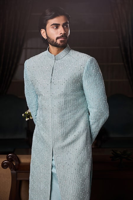 Shop_Histori_Blue Silk, Cotton, Lycra Embroidery, Beads, Crystals Geometric Sherwani Set _Online_at_Aza_Fashions