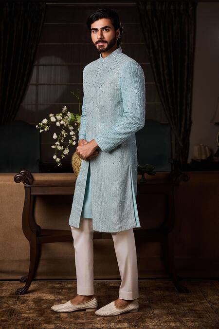 Histori_Blue Silk, Cotton, Lycra Embroidery, Beads, Crystals Geometric Sherwani Set _at_Aza_Fashions