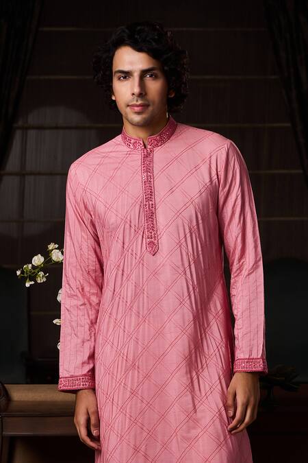 Buy_Histori_Pink Cotton, Silk Embroidery, Beads Dhagai And Placement Kurta Set _Online_at_Aza_Fashions