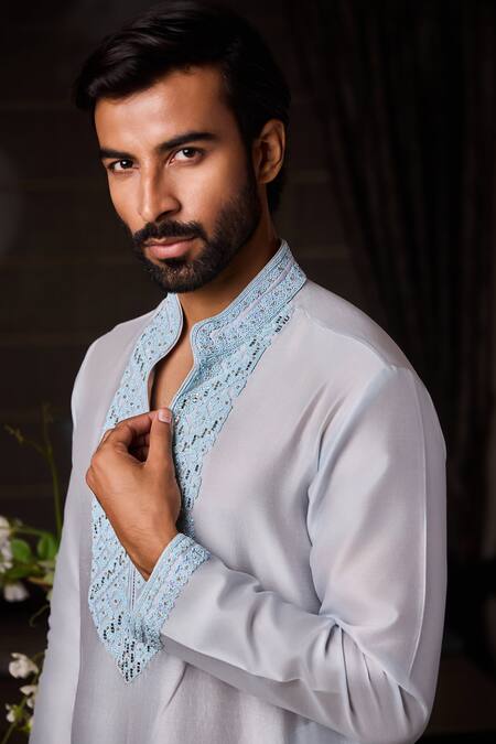 Shop_Histori_Blue Chanderi Silk, Cotton, Lycra Embroidery, Beads Beadwork Kurta And Trouser Set _Online_at_Aza_Fashions
