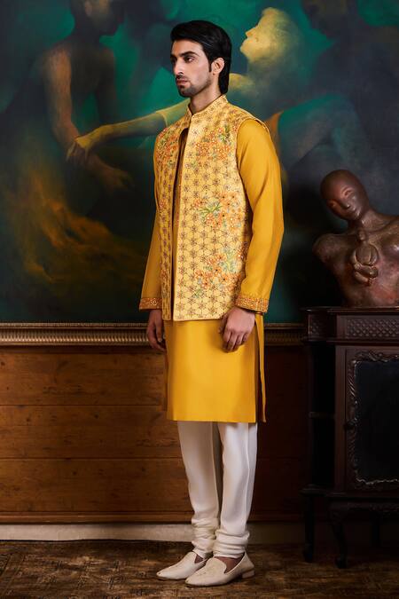 Buy_Histori_Yellow Silk, Cotton Embroidery, Beads Bundi Kurta Set _Online_at_Aza_Fashions