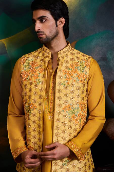 Shop_Histori_Yellow Silk, Cotton Embroidery, Beads Bundi Kurta Set _Online_at_Aza_Fashions