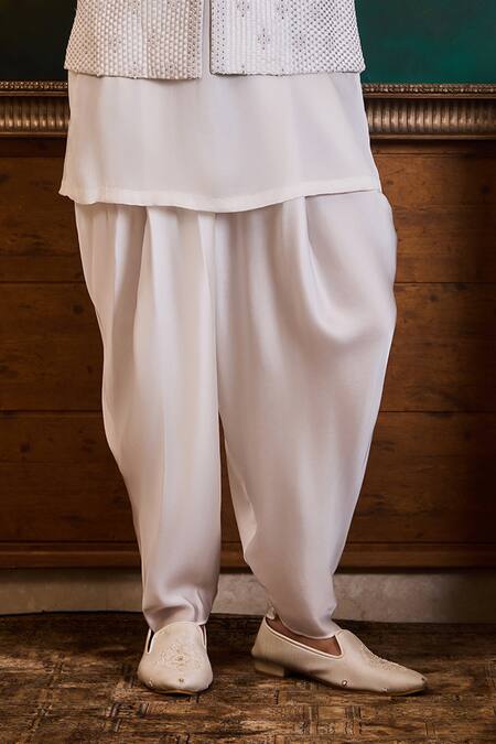 Buy_Histori_White Silk, Satin Embroidery, Beads, Crystals Geometric Bundi Kurta Set _Online_at_Aza_Fashions