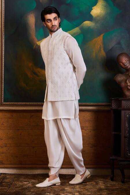 Shop_Histori_White Silk, Satin Embroidery, Beads, Crystals Geometric Bundi Kurta Set _Online_at_Aza_Fashions