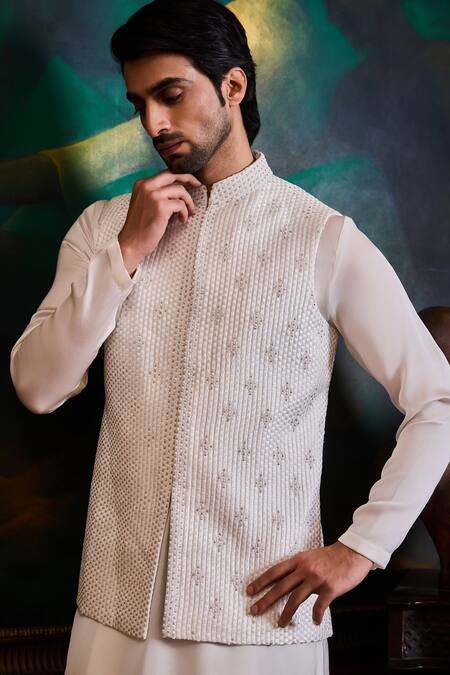 Histori_White Silk, Satin Embroidery, Beads, Crystals Geometric Bundi Kurta Set _at_Aza_Fashions