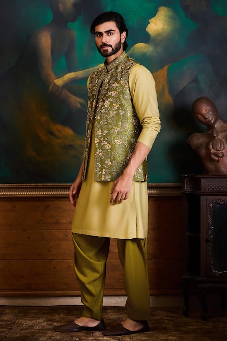 Buy_Histori_Olive Green Silk, Cotton Embroidery, Beads Resham And Beadwork Bundi Kurta Set _Online_at_Aza_Fashions