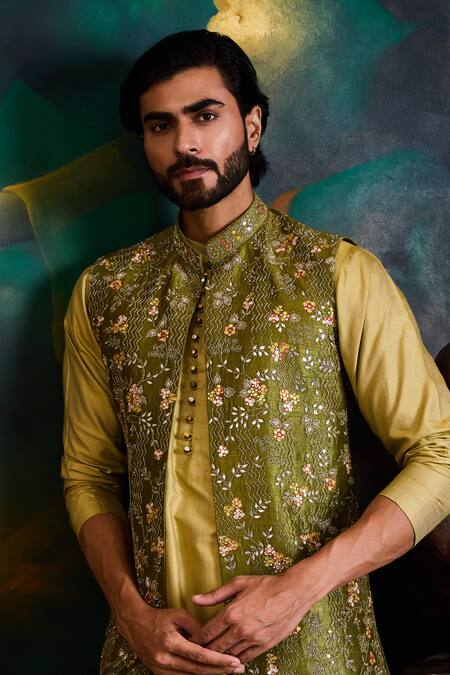 Shop_Histori_Olive Green Silk, Cotton Embroidery, Beads Resham And Beadwork Bundi Kurta Set _Online_at_Aza_Fashions