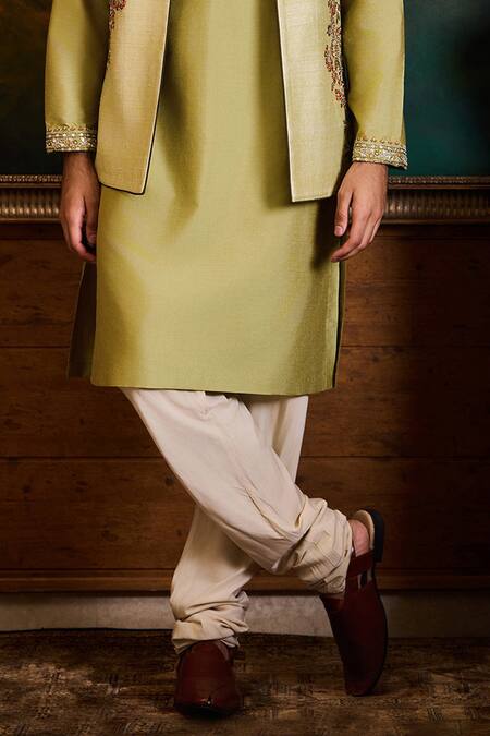 Buy_Histori_Green Silk, Cotton Embroidery, Beads Resham And Bundi Kurta Set _Online_at_Aza_Fashions