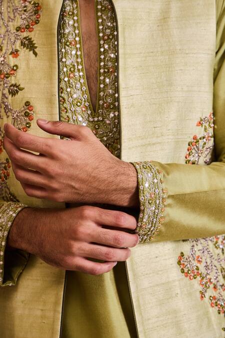 Histori_Green Silk, Cotton Embroidery, Beads Resham And Bundi Kurta Set _at_Aza_Fashions
