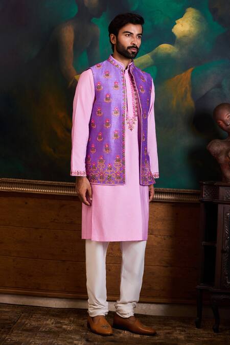 Shop_Histori_Purple Silk, Cotton Embroidery, Mirrors Resham And Patra Bundi Kurta Set _Online_at_Aza_Fashions