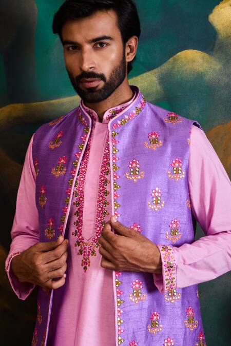 Histori_Purple Silk, Cotton Embroidery, Mirrors Resham And Patra Bundi Kurta Set _at_Aza_Fashions