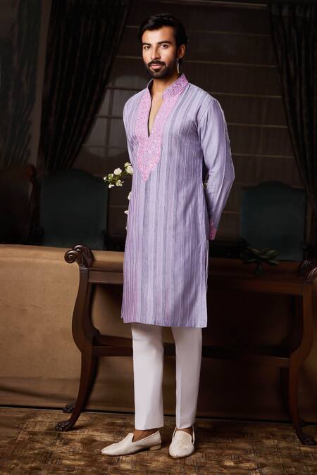 Shop_Histori_Lavender Cotton, Lycra Embroidery, Beads Resham And Beadwork Kurta With Pant _Online_at_Aza_Fashions