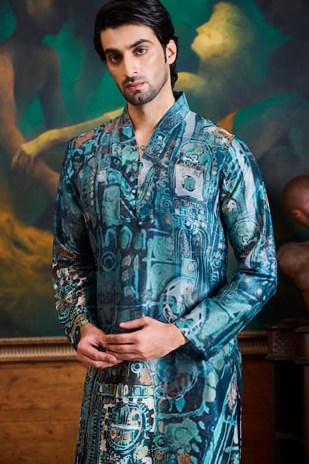 Shop_Histori_Blue Dupion, Polyester, Cotton, Lycra Printed Kurta And Pant _Online_at_Aza_Fashions