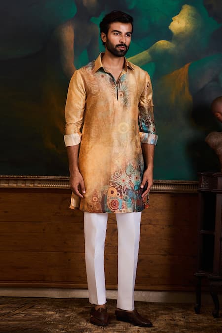 Shop_Histori_Orange Dupion, Cotton, Lycra Printed Kurta And Pant Set _Online_at_Aza_Fashions