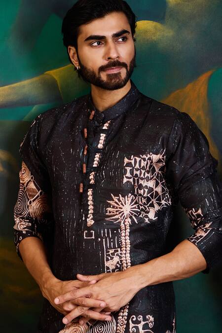 Buy_Histori_Black Dupion, Cotton, Silk Printed Kurta And Churidar Set _Online_at_Aza_Fashions