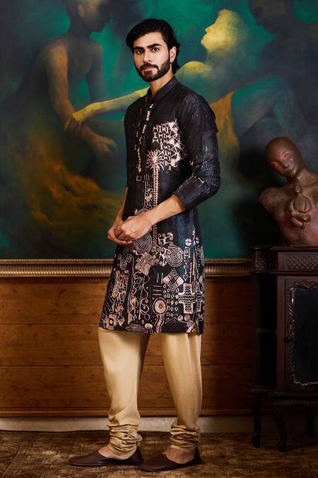 Shop_Histori_Black Dupion, Cotton, Silk Printed Kurta And Churidar Set _Online_at_Aza_Fashions