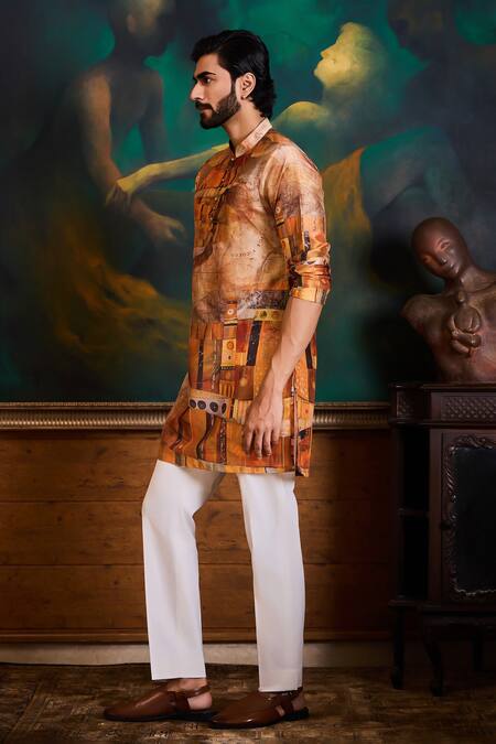 Buy_Histori_Yellow Polyester, Dupion, Cotton, Silk Printed Kurta And Churidar Set _Online_at_Aza_Fashions