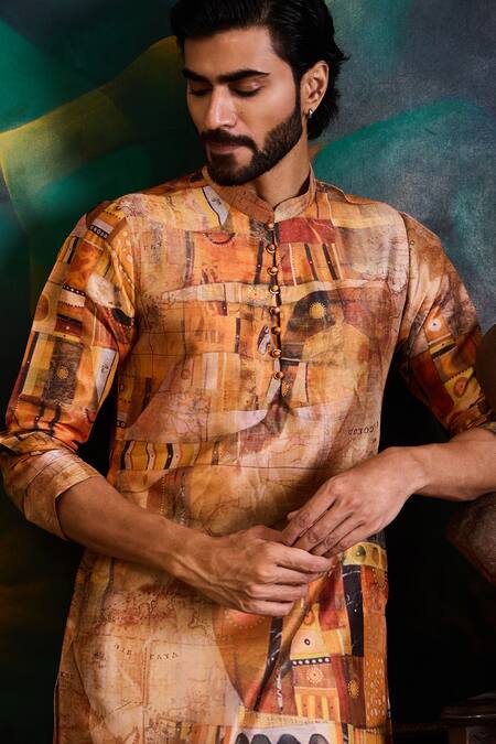 Shop_Histori_Yellow Polyester, Dupion, Cotton, Silk Printed Kurta And Churidar Set _Online_at_Aza_Fashions