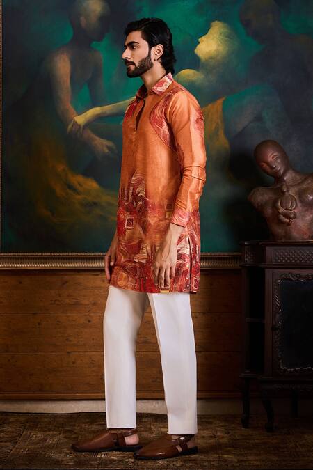 Histori_Orange Dupion, Cotton, Lycra Printed Kurta And Pant Set _Online_at_Aza_Fashions