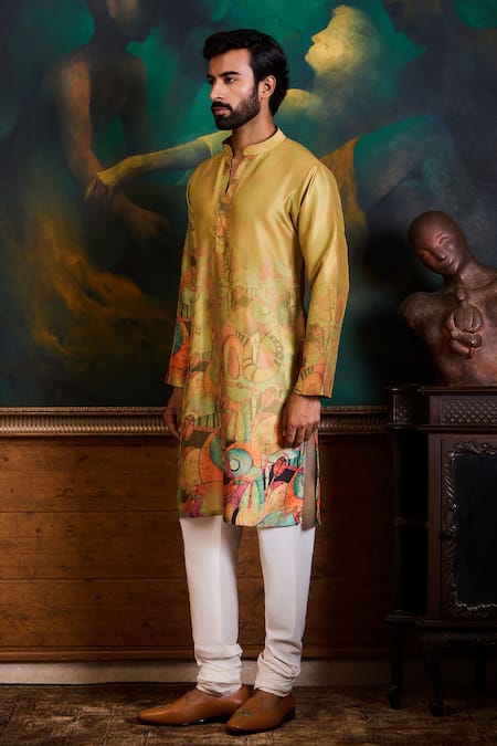 Histori_Green Dupion, Cotton, Silk Printed Kurta And Churidar Set _Online_at_Aza_Fashions