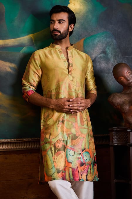 Buy_Histori_Green Dupion, Cotton, Silk Printed Kurta And Churidar Set _Online_at_Aza_Fashions