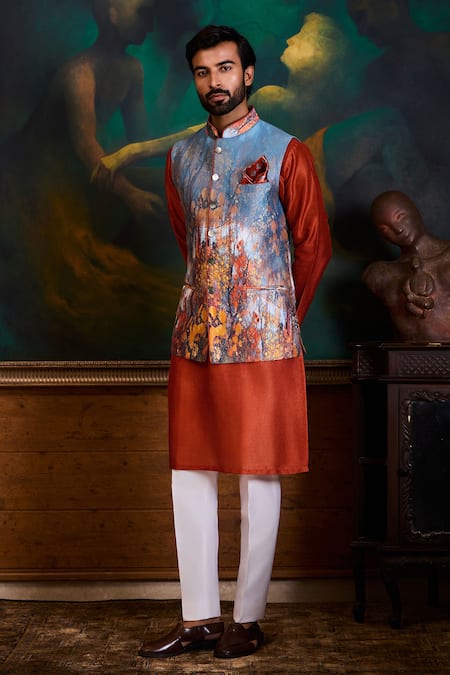 Histori_Gray Polyurethane, Dupion, Polyester, Cotton, Lycra Printed Bundi Kurta Set  _Online_at_Aza_Fashions