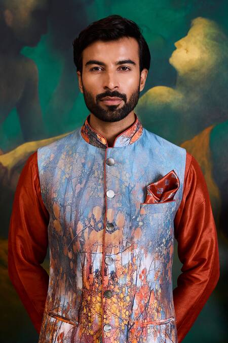 Buy_Histori_Gray Polyurethane, Dupion, Polyester, Cotton, Lycra Printed Bundi Kurta Set  _Online_at_Aza_Fashions
