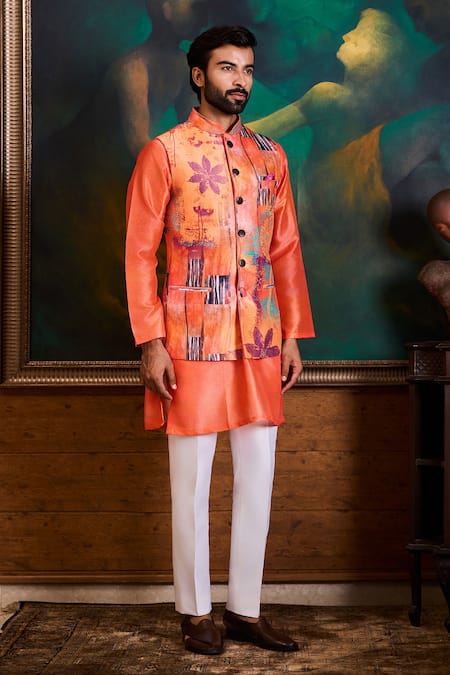 Histori_Orange Dupion, Cotton, Lycra Printed Bundi And Kurta Set _Online_at_Aza_Fashions